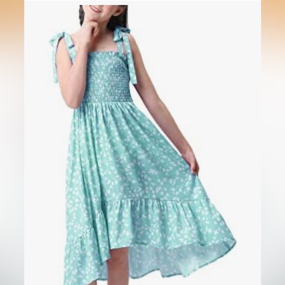 Charming Aqua Floral Kids Dress summer ruffled tie straps Boho maxi size 120